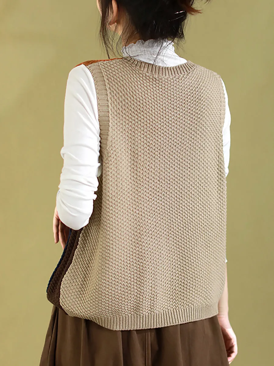 Women Autumn Colorblock Knitted V-Neck Vest