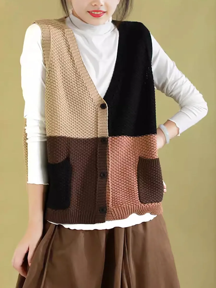 Women Autumn Colorblock Knitted V-Neck Vest