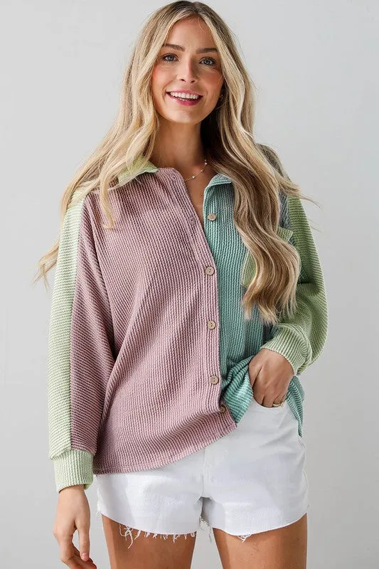 Women Block Corded Buttoned Oversized Blouse