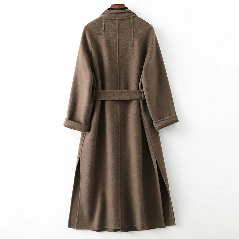 Women Wool Coat, Double-Sided Cashmere Coat Women's Mid-Length Over-The-Knee Wool Coat