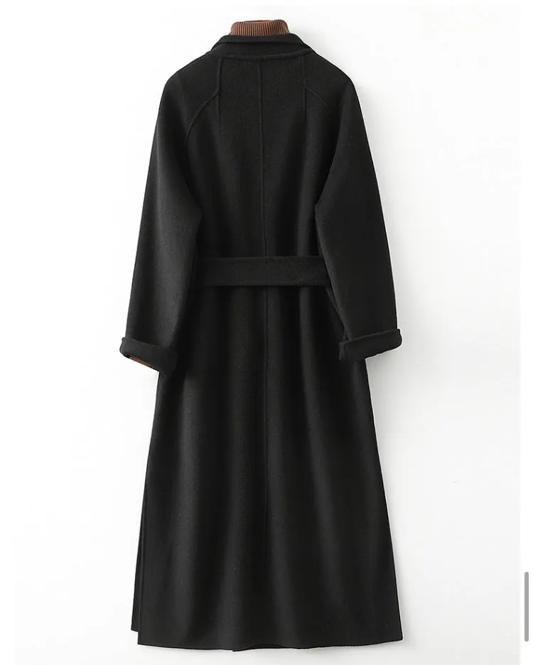 Women Wool Coat, Double-Sided Cashmere Coat Women's Mid-Length Over-The-Knee Wool Coat