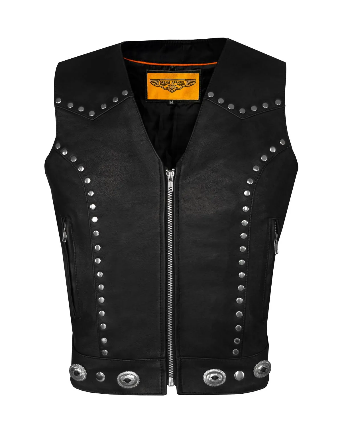 Womens Studded Leather Motorcycle Vest With Concealed Carry Pockets