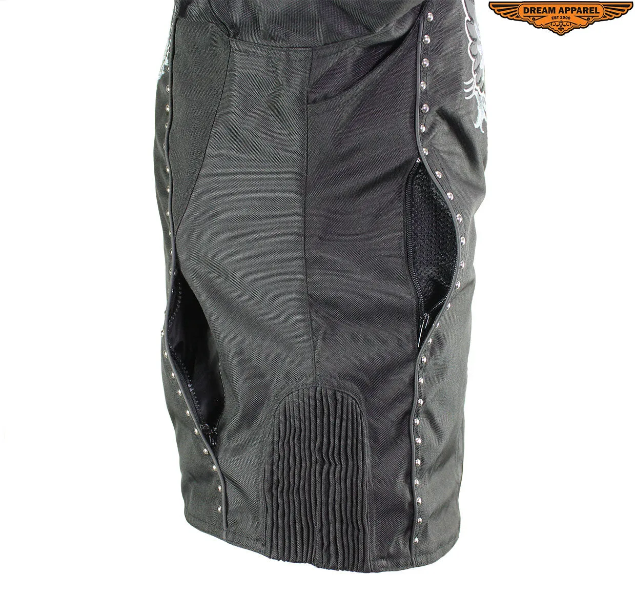 Women's Studed Motorcycle Textile Jacket With Grey Hoodie & Sull & Wings