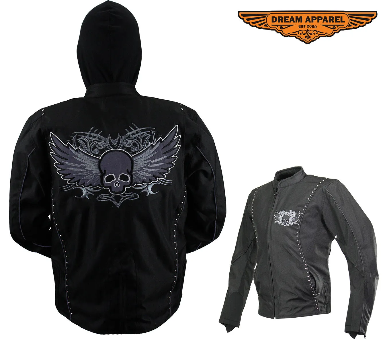 Women's Studed Motorcycle Textile Jacket With Grey Hoodie & Sull & Wings