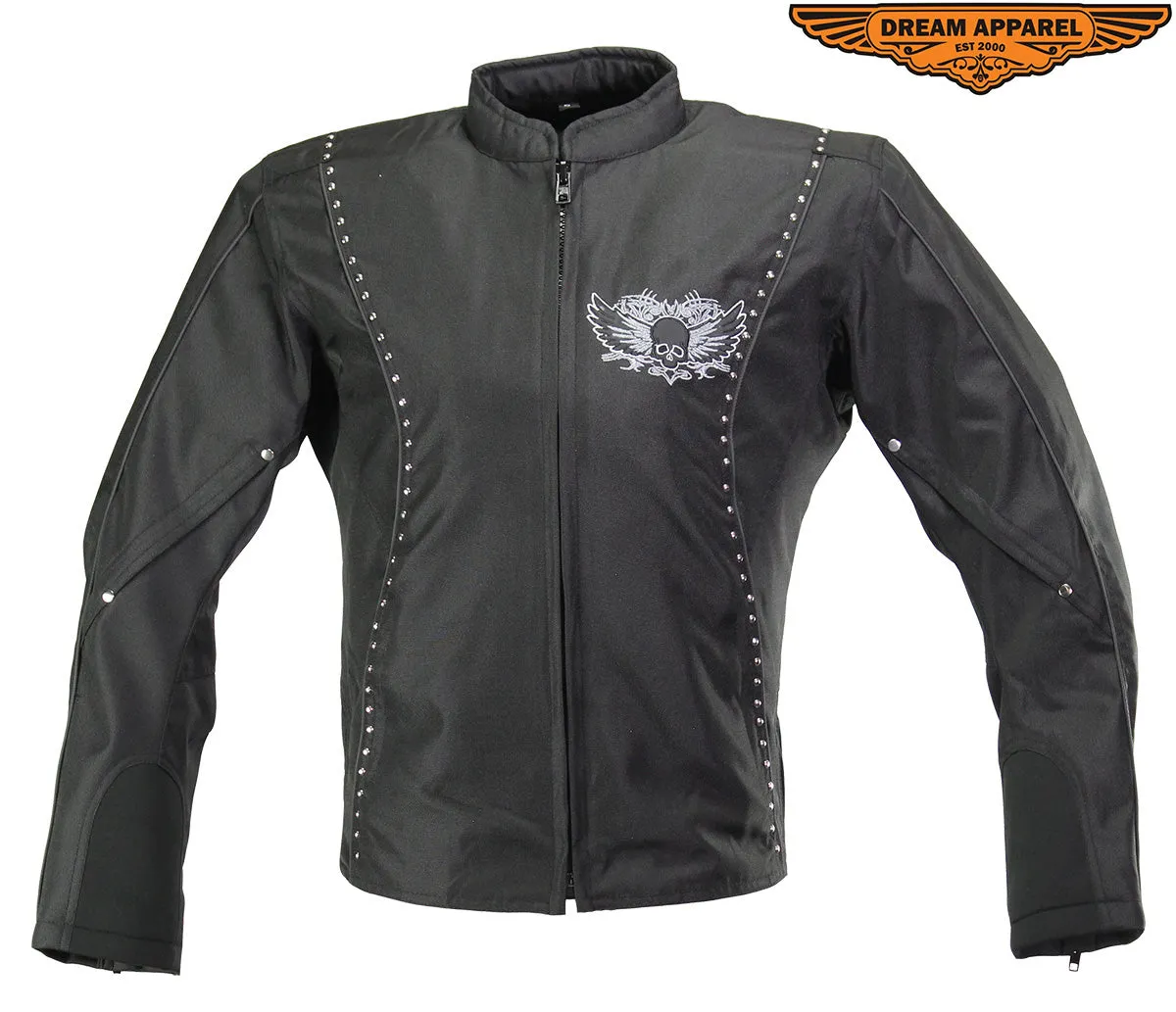 Women's Studed Motorcycle Textile Jacket With Grey Hoodie & Sull & Wings