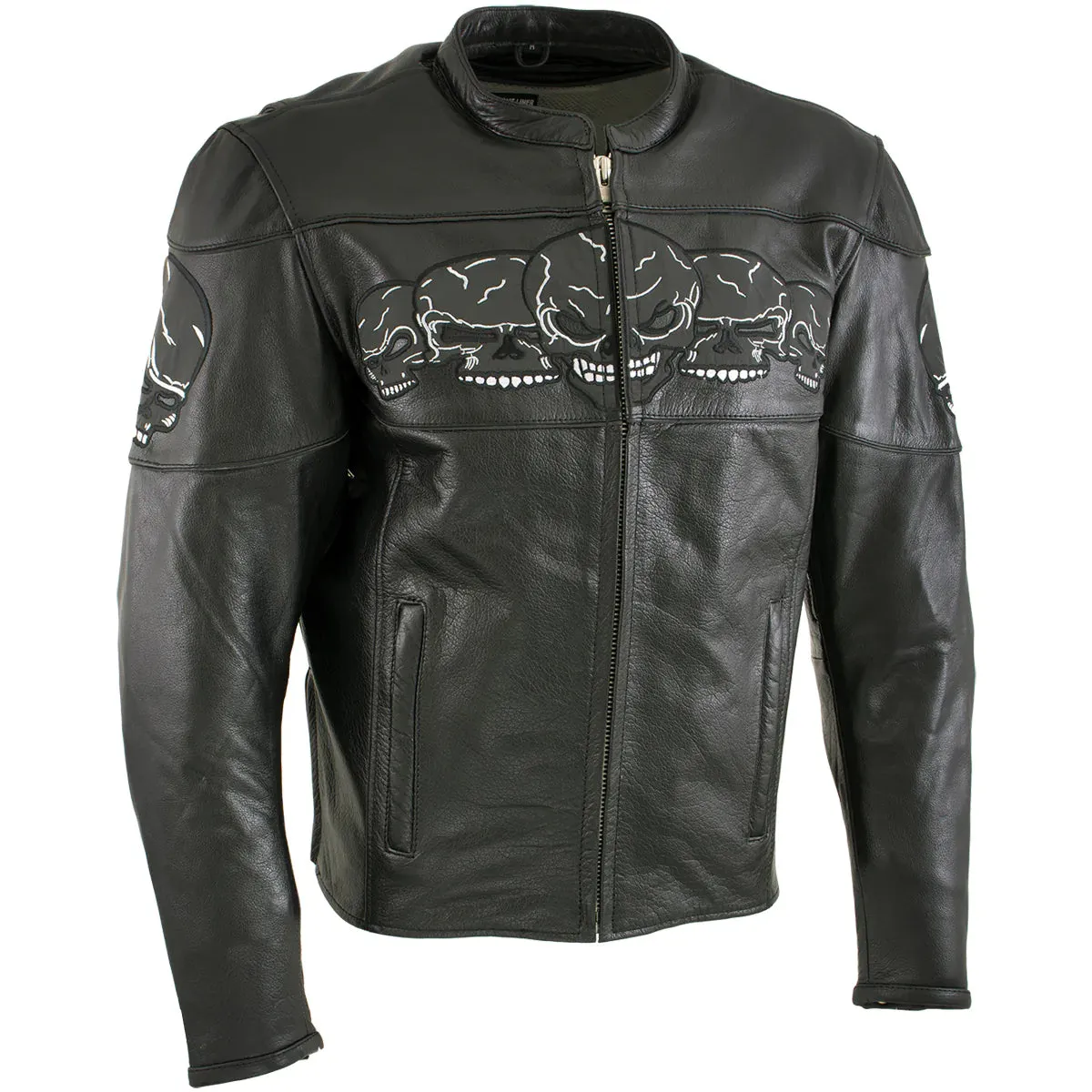 Xelement BXU6050 Men's '3 Skull Head' Black Leather Motorcycle Jacket with X-Armor Protection