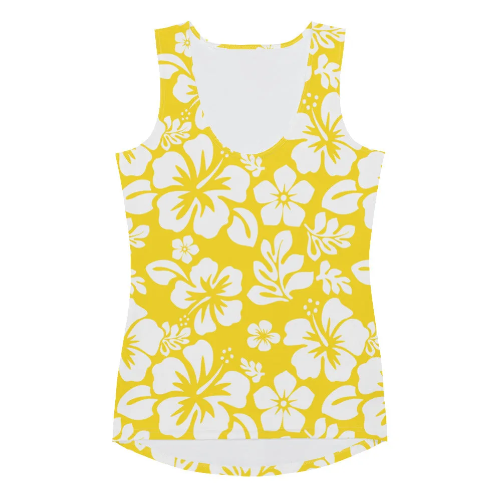 Yellow and White Hawaiian Flowers Women's Athletic Swim Tank Top