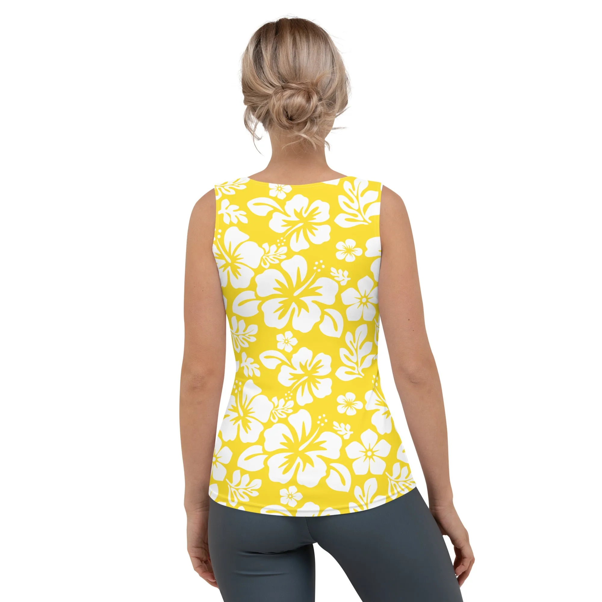 Yellow and White Hawaiian Flowers Women's Athletic Swim Tank Top