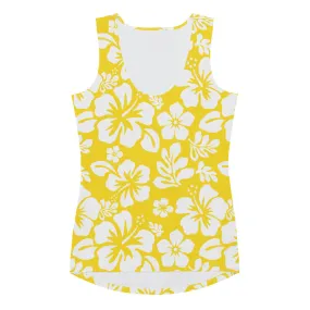 Yellow and White Hawaiian Flowers Women's Athletic Swim Tank Top