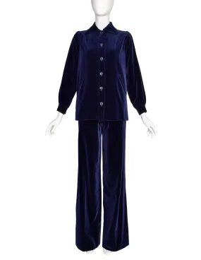 Yves Saint Laurent Vintage Early 1970s Midnight Blue Velvet Jacket Wide Leg Pant Suit Ensemble